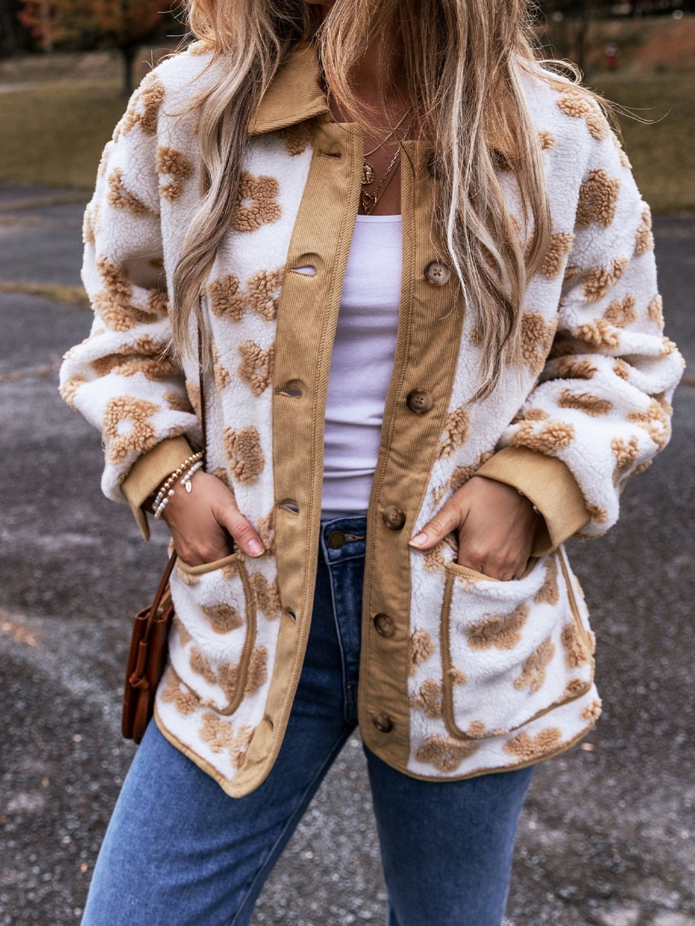 Flower Pattern Button Up Fleece Jacket